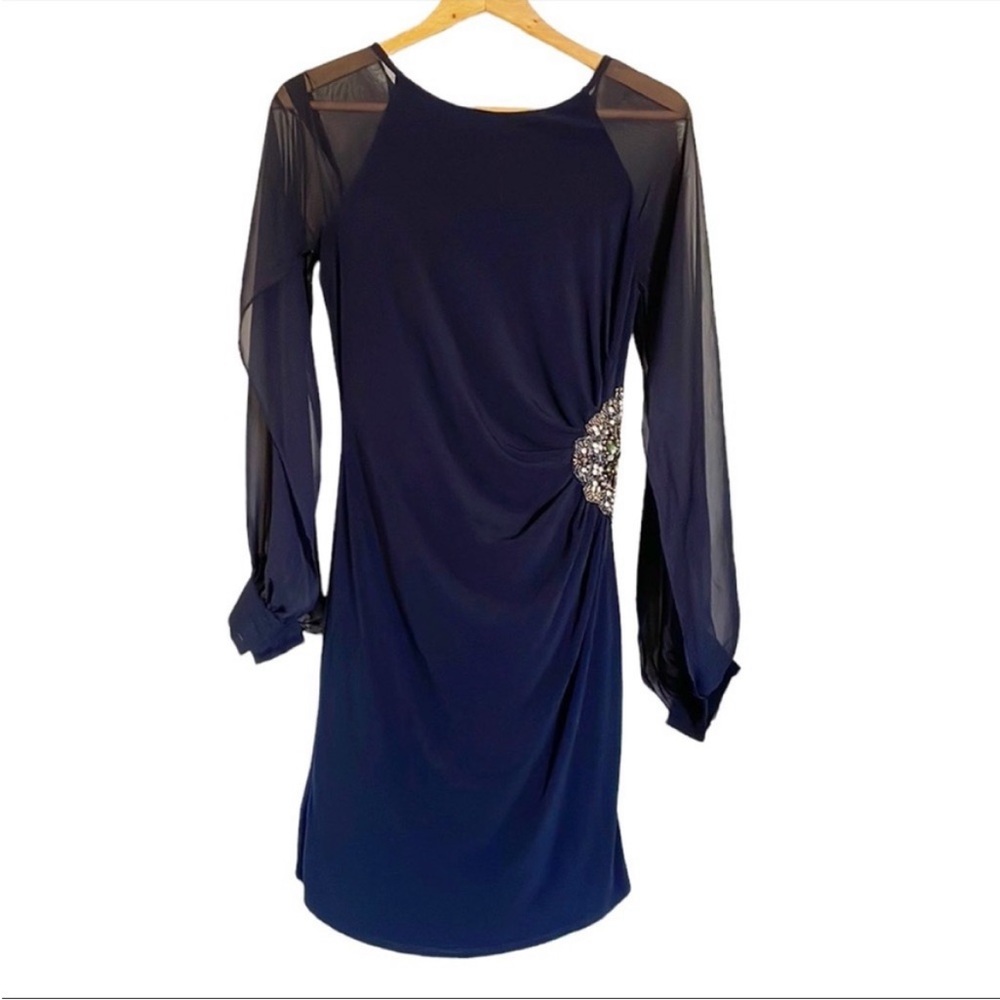 Eliza J Embellished Waist Sheer Sleeve Cocktail Party Navy Sheath dress size 4